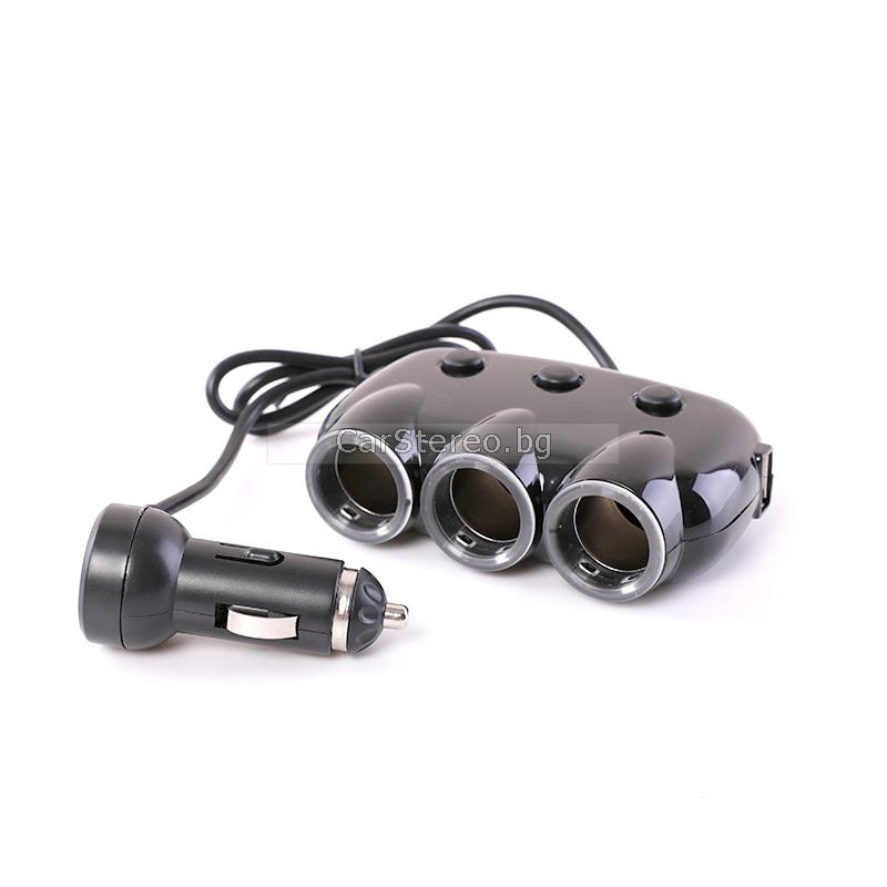 USB зарядно за Телефон за Кола, Разклонител за запалка с 3 гнезда, 2xUSB изхода, 12-24V, 3100mA, YOURZ YZ-CS02