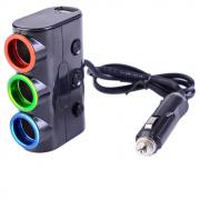 USB зарядно за Телефон за Кола, Разклонител за запалка с 3 гнезда и 2 USB изхода, 12-24V, 3100mA, CAR-1523, Черен
